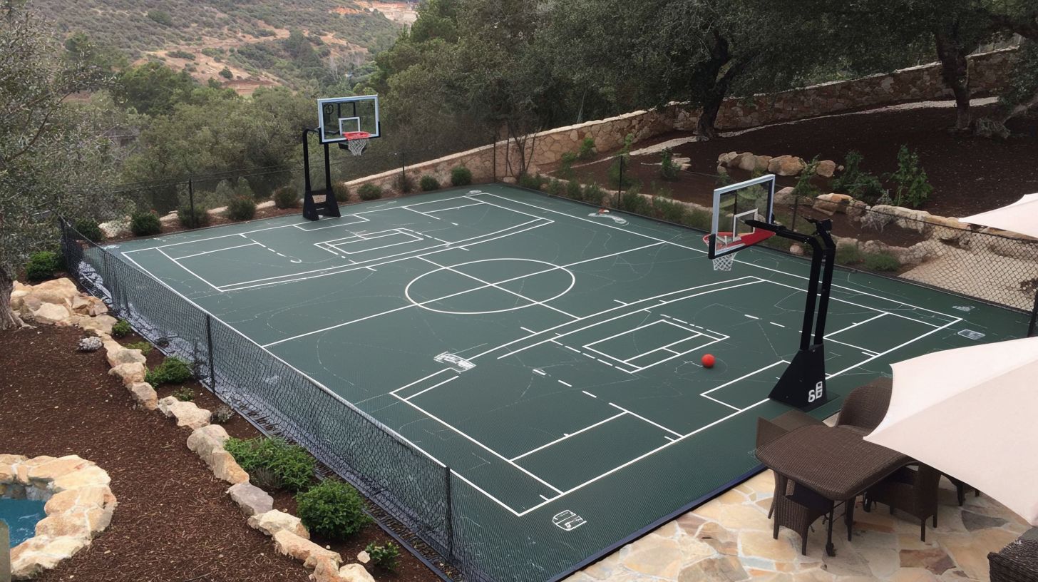 Multi-sport court with basketball hoops and tennis lines